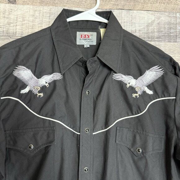 VTG Ely Diamond Western Shirt Mens M Black Embroidered Eagle Pearl Snap Rodeo - Picture 3 of 8